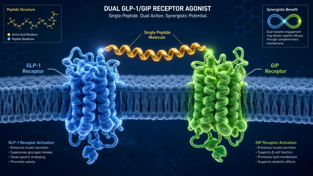 Tirzepatide mechanism of action showing GIP and GLP-1 receptor dual agonism.