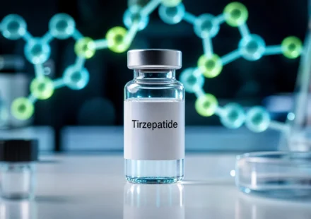 Tirzepatide peptide vial for laboratory research.