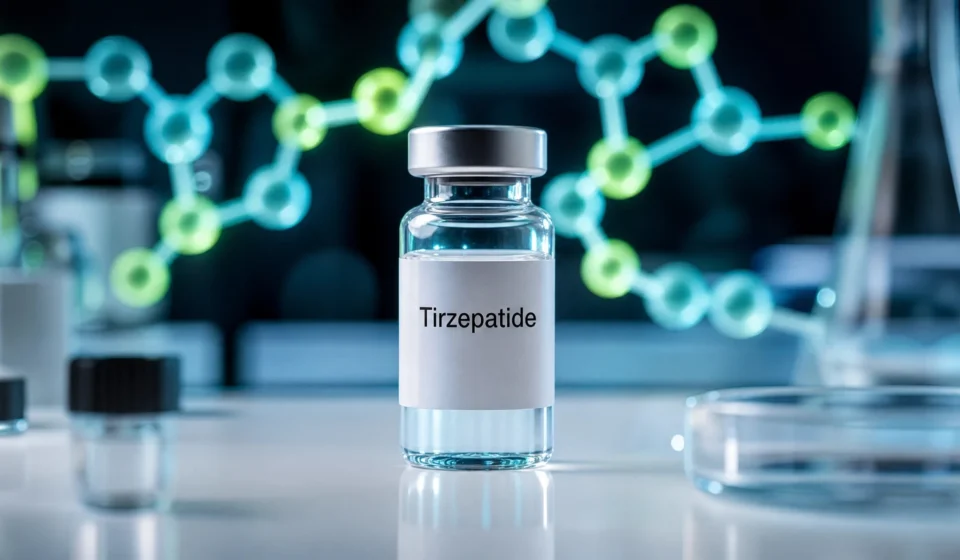 Tirzepatide peptide vial for laboratory research.