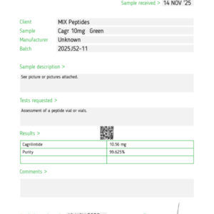 Laboratory COA and purity test results for clinical-grade Cagrilintide 10mg.