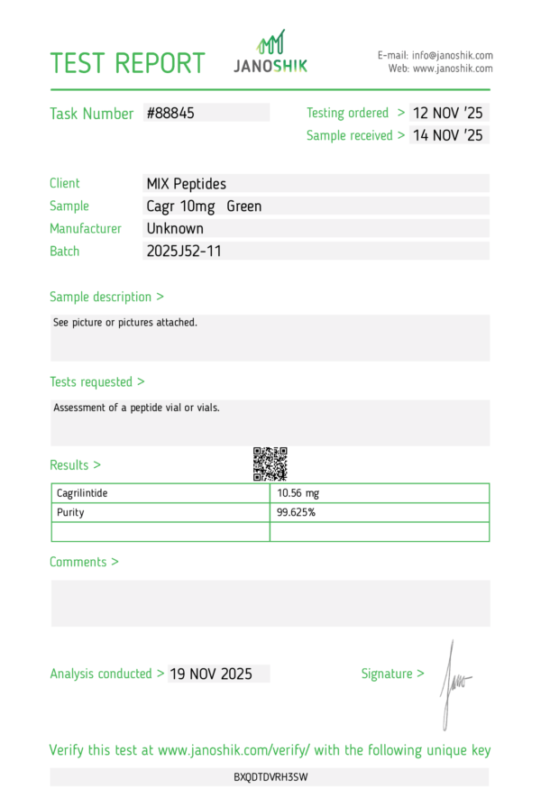 Laboratory COA and purity test results for clinical-grade Cagrilintide 10mg.