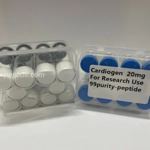 Macro shot of Cardiogen(20mg) lyophilized powder showing high-purity laboratory grade.