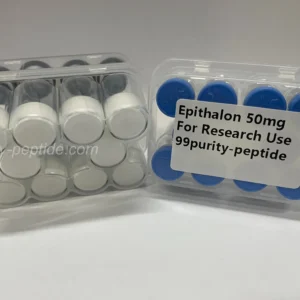 Macro shot of Epithalon lyophilized powder showing high-purity laboratory grade.