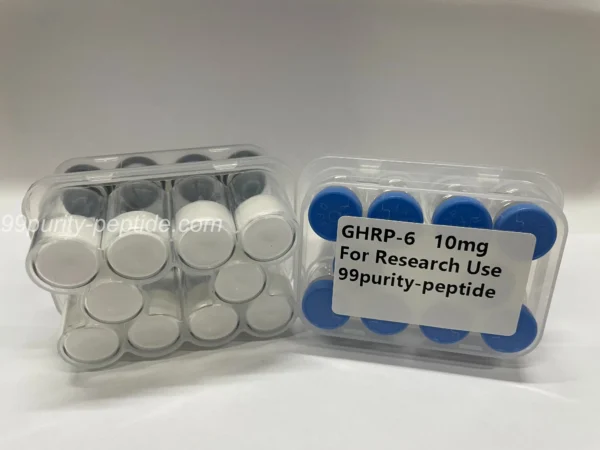Close-up of GHRP-6 lyophilized cake, ensuring maximum stability for research use.