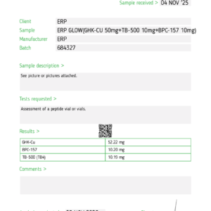 Certified lab COA for GLOW 70mg (BPC/GHK-Cu/TB) blend, verifying precise chemical concentration.