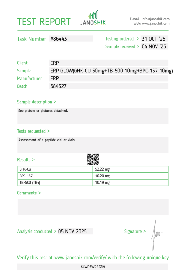 Certified lab COA for GLOW 70mg (BPC/GHK-Cu/TB) blend, verifying precise chemical concentration.