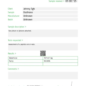 Laboratory COA and purity analysis report for clinical-grade Glutathione(1500mg) research material.
