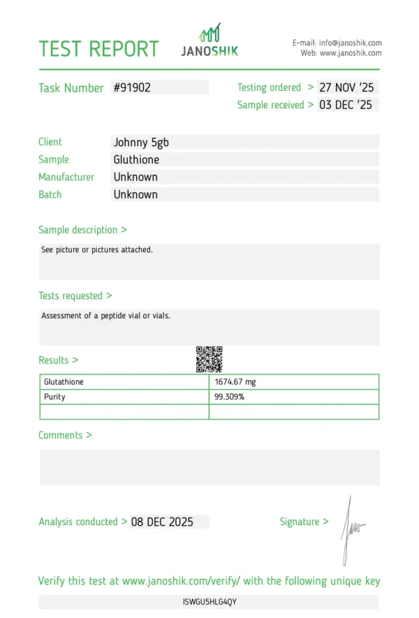 Laboratory COA and purity analysis report for clinical-grade Glutathione(1500mg) research material.
