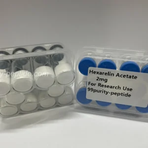 Macro shot of Hexarelin lyophilized powder showing professional laboratory-grade purity.