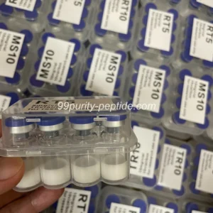 Handheld Hexarelin 5mg vial in the 99Purity-Peptide warehouse, ready for physique research shipping.