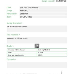 Full laboratory COA and purity test results for high-grade HGH 36iu research kits.