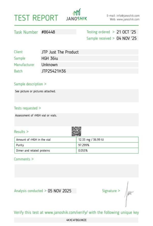 Full laboratory COA and purity test results for high-grade HGH 36iu research kits.