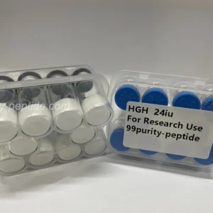 Macro detail of HGH lyophilized powder showing high-quality vacuum-sealed purity.