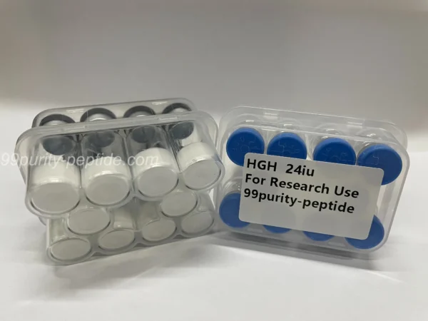 Macro detail of HGH lyophilized powder showing high-quality vacuum-sealed purity.