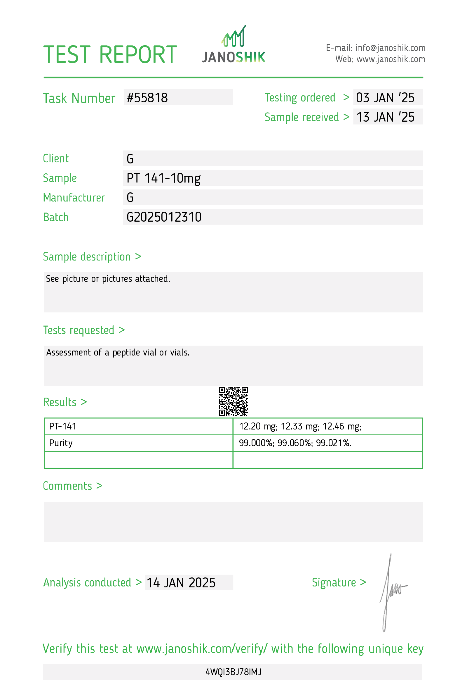 Certified lab COA for PT-141 10mg, ensuring precise chemical concentration for research studies.