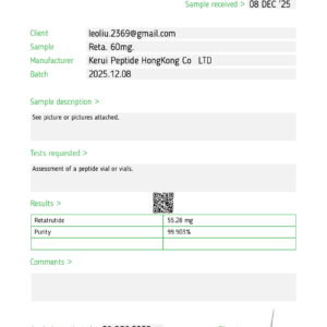 Official HPLC lab test certificate for Retatrutide 60mg, verifying 99% peptide purity.
