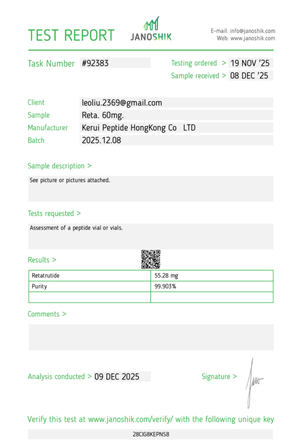 Official HPLC lab test certificate for Retatrutide 60mg, verifying 99% peptide purity.