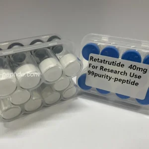 High-resolution macro shot of Retatrutide 60mg lyophilized powder purity and texture.