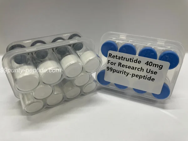 High-resolution macro shot of Retatrutide 60mg lyophilized powder purity and texture.