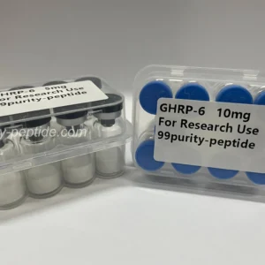 Close-up of GHRP-6 lyophilized cake, ensuring maximum stability for research use.