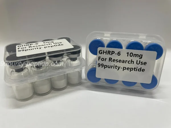 Close-up of GHRP-6 lyophilized cake, ensuring maximum stability for research use.