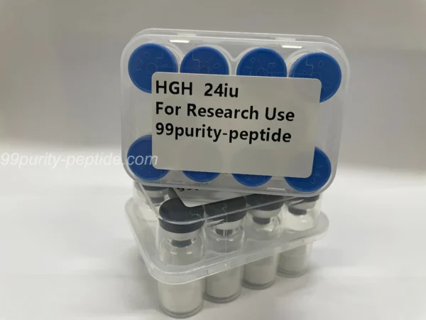 Macro detail of HGH lyophilized powder showing high-quality vacuum-sealed purity.