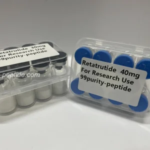 High-resolution macro shot of Retatrutide 60mg lyophilized powder purity and texture.