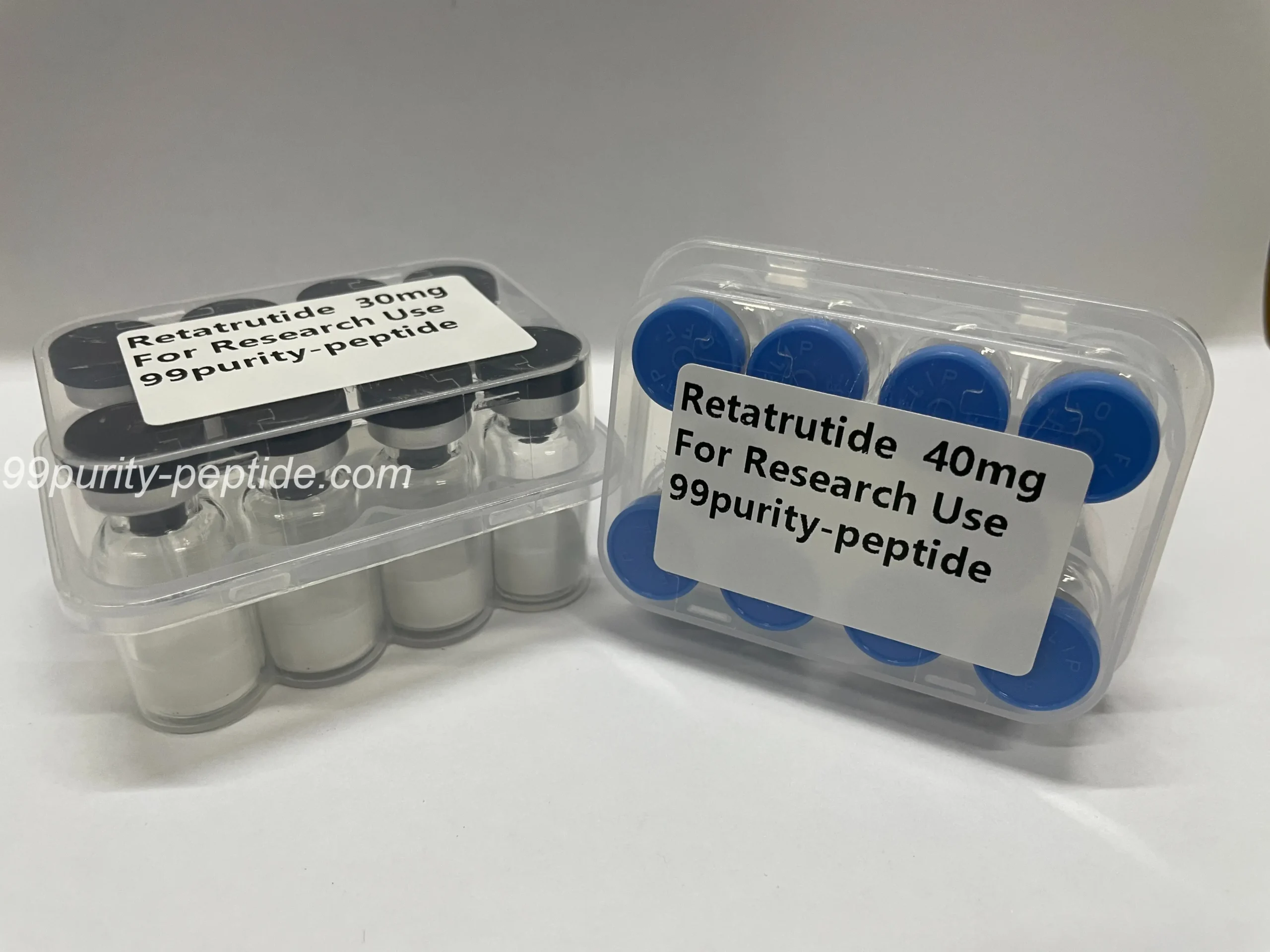 High-resolution macro shot of Retatrutide 60mg lyophilized powder purity and texture.