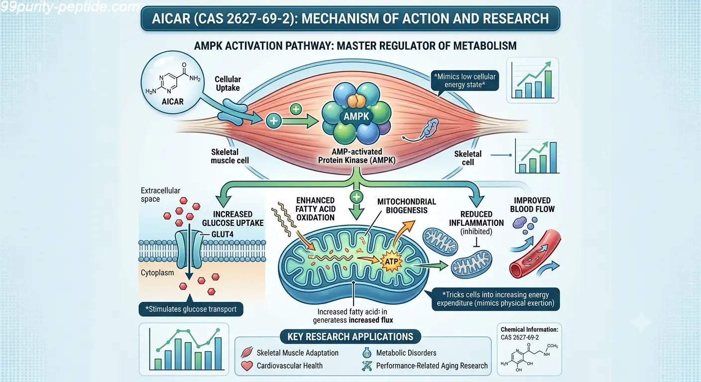 Scientific infographic illustrating the mechanism of action of AICAR (CAS 2627-69-2), showing AMPK pathway activation, increased glucose uptake, fatty acid oxidation, and mitochondrial biogenesis in skeletal muscle cells for metabolic research.